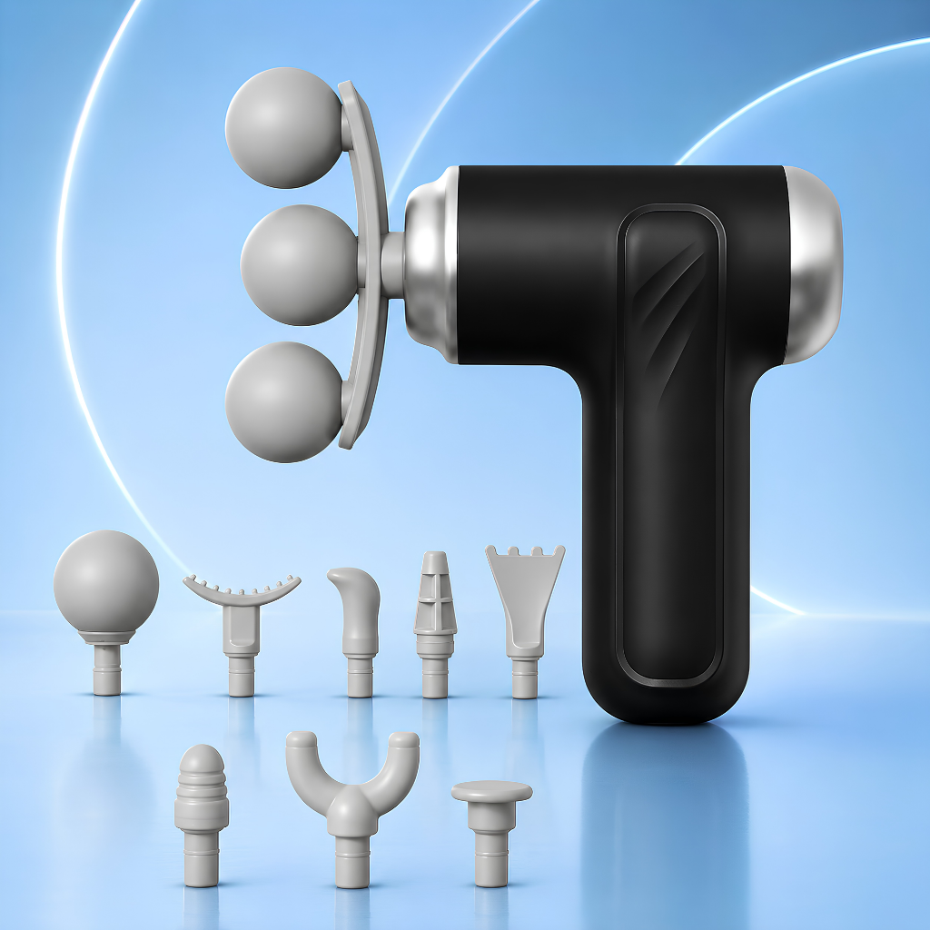 Synchronized Triple Ball Percussion Head on White Fascia Massage Gun
