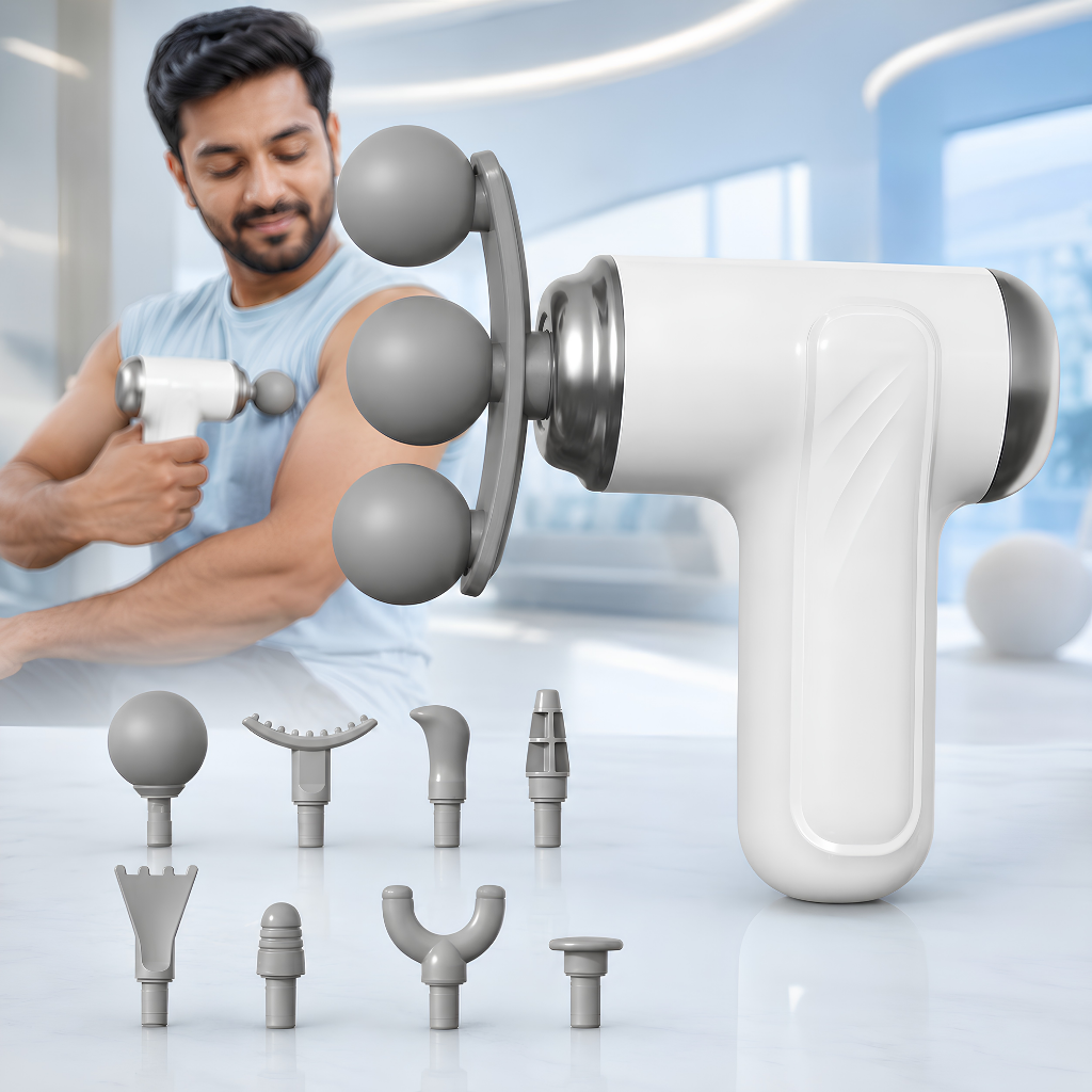 Triple Head Fascia Massage Gun with 9 Interchangeable Heads - Authentic eBangla