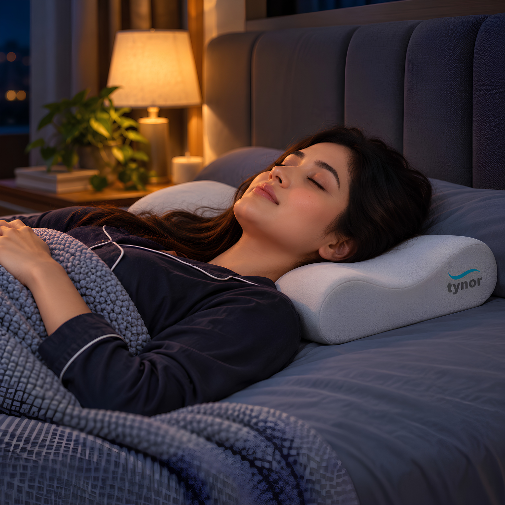 Tynor Contoured Cervical Pillow B-19 used by model for neck posture support - Authentic eBangla