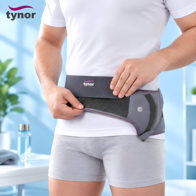 Model Wearing Tynor Hernia Belt A-16 for Inguinal Support and Daily Comfort