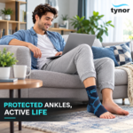 Man wearing a grey Tynor Ankle Binder D01