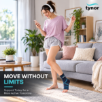 Woman wearing a grey Tynor Ankle Binder D01