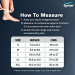 Tynor Ankle Binder D01 size guide showing ankle measurement ranges