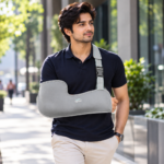 Man wearing a grey Tynor C01 arm sling, front view