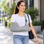 Woman wearing a grey Tynor C01 arm sling, front view